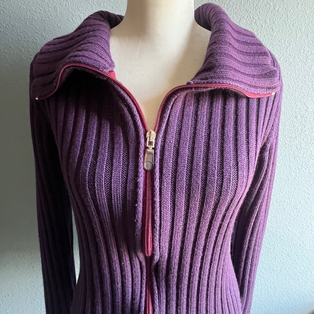 Purple Ribbed Zip Up Cardigan - Picture 3 of 11